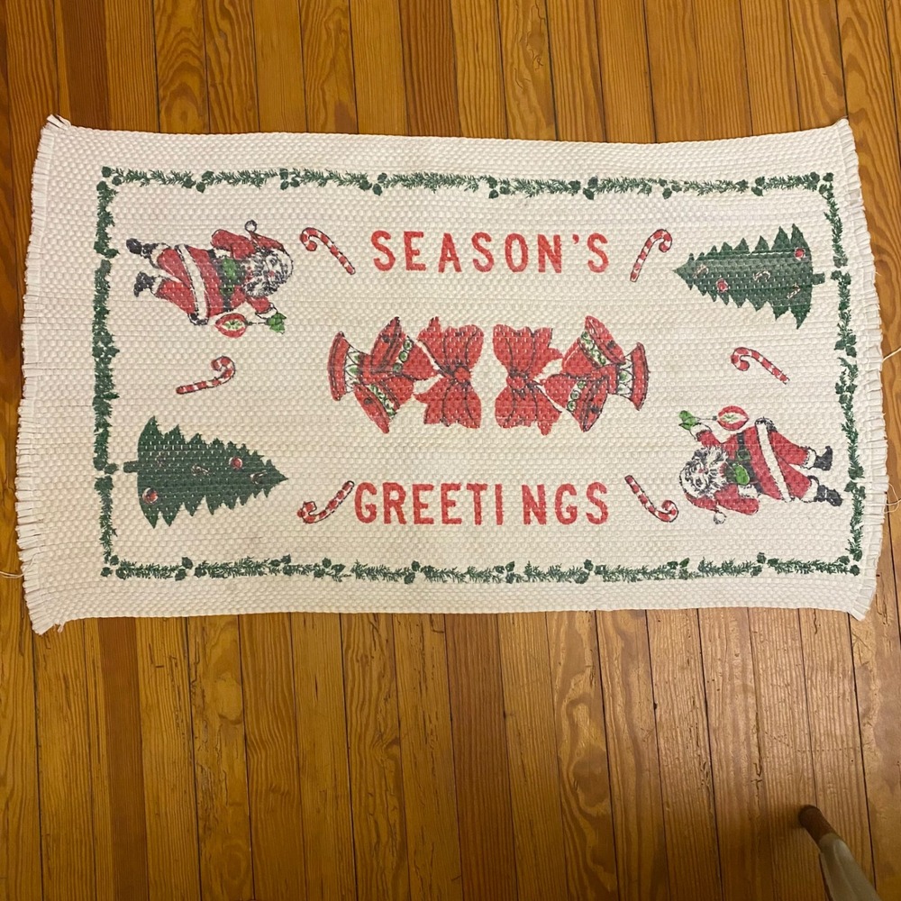 Vintage Christmas Seasons Greetings Santa Tree Bells Woven Rag Rug Holiday Decor